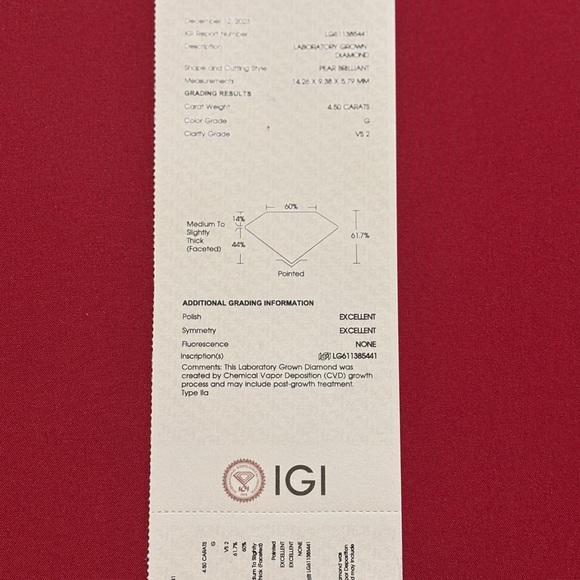 Rare Exquisite 4.50 CT  Pear Lab Diamond G VS2 Excellent Grade - Picture 11 of 14